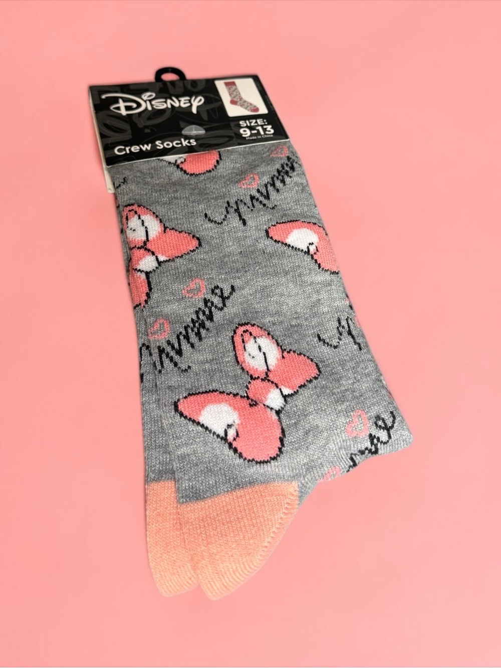 🏷️‼️5/$25🏷️‼️🎀DISNEY🎀Minnie Mouse Gray & Pink Bow Crew Socks - Size 9-13/NIP